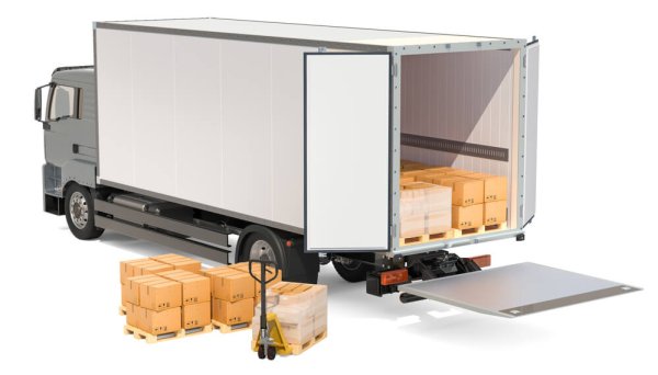 Truck with parcels and pallet truck with cardboard boxes. Freight transportation, delivery concept. 3D rendering isolated on white background