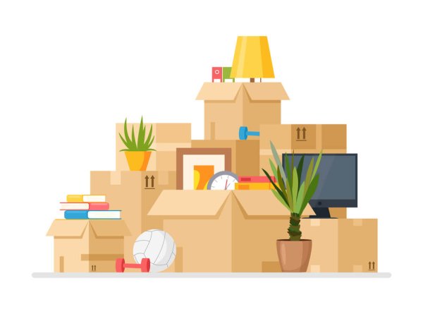 Moving to new house vector illustration. Cartoon flat pile of cardboard boxes with household things, clothes, ball, books packed in containers and ready to move into home apartment isolated on white