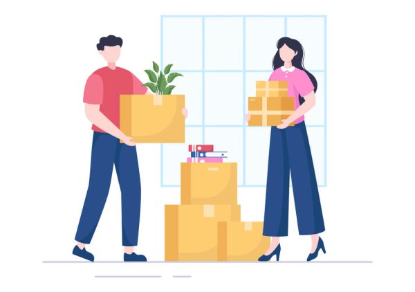 Home Relocation or People Moving with Cardboard Packaging Boxes or Pack Belongings Move to New Ones in Flat Cartoon Illustration