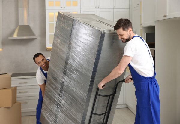 Male movers carrying refrigerator in new house