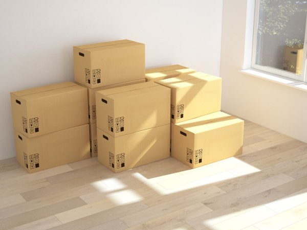 3d Interior with moving boxes. 3d rendering